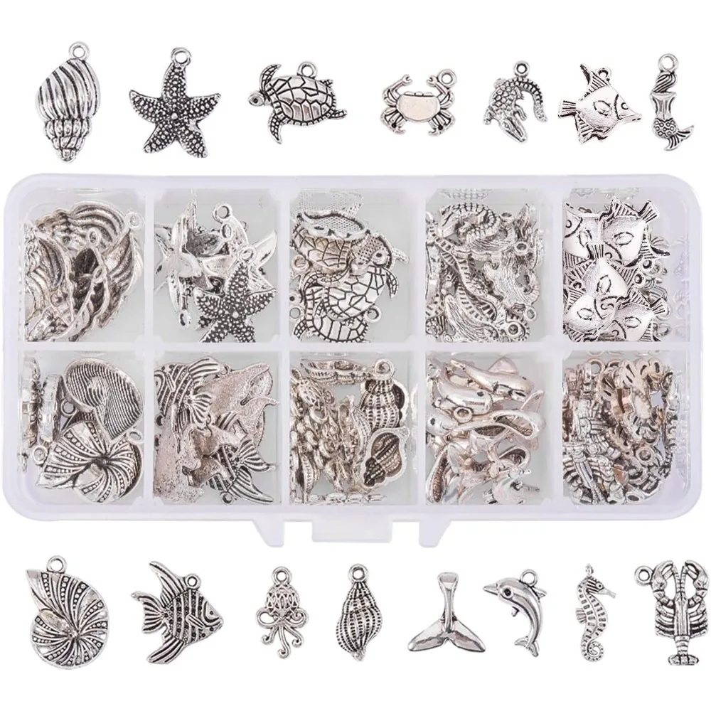 

90pcs 15 Style Ocean Fish Charms Seashell Marine Pendants Antique Animal Sea Creatures Charms Pendants for Wakiki