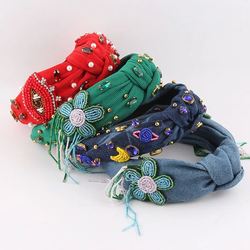

New Fashion Fabric Flower Rhinestone Seed Bead Eye Headband - Elegant & Chic Headwear