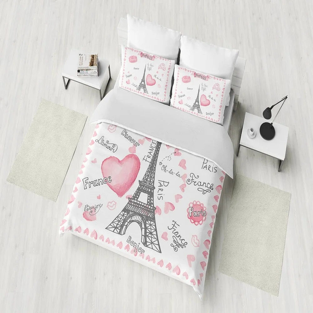 

Lovers Letters Eiffel Tower Hearts Romantic Duvet Cover Set King Queen Full Twin Size Bed Linen Set