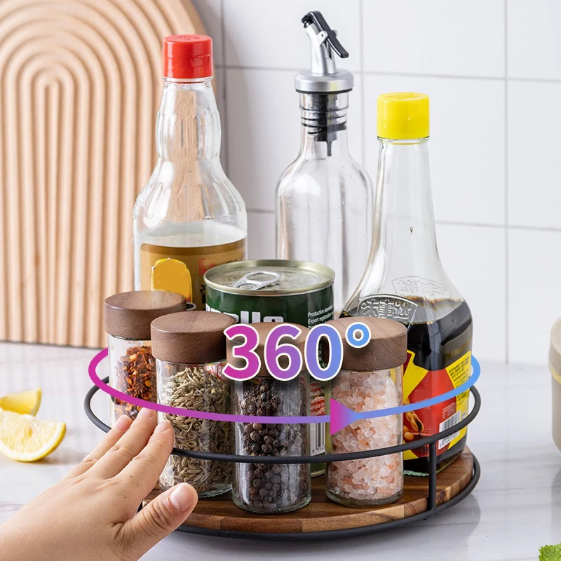 Kitchen 360 Degree Rotating Storage Rack Lazy Susan Turntable Multifunction Rotary Wooden Tray for Seasoning Bottles Cosmetics