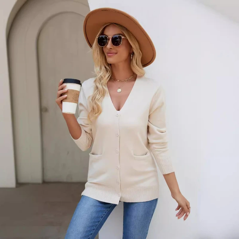 Knitted Cardigan Sweater Women's New Product V-neck Long Sleeved Solid Color Single Breasted Cross-border Women's Knitted