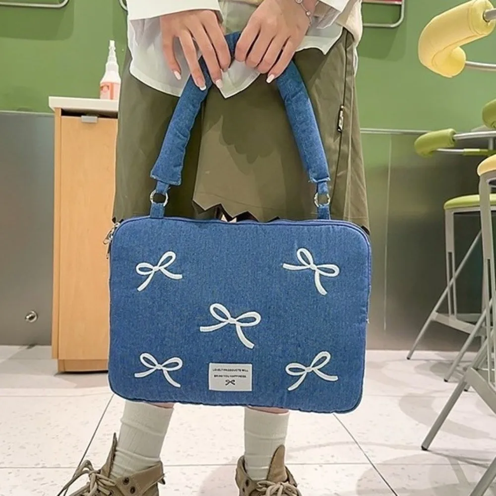 

Modern Fashion Computer Bag Bowknot Embroidered Shockproof Laptop Sleeve Soft 14 Inches Computer Handbag College