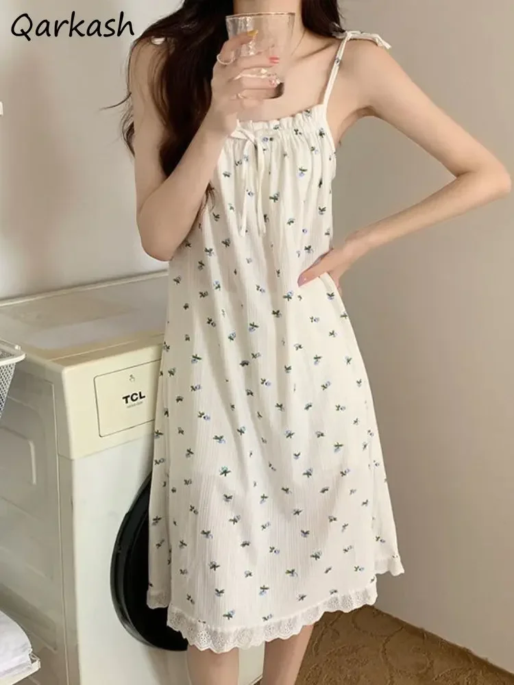 

Floral Nightgowns Women Sleeveless Sweet Knee-length Nighty Summer Baggy Ins Sleepwear Casual Students Basics Home Tender Daily
