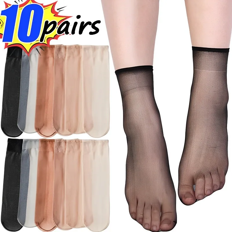 5/10Pairs Summer Skin Color Transparent Thin Women Crystal Silk Socks Nylon Ladies Female Summer Short Ankle Silk Socks Meias