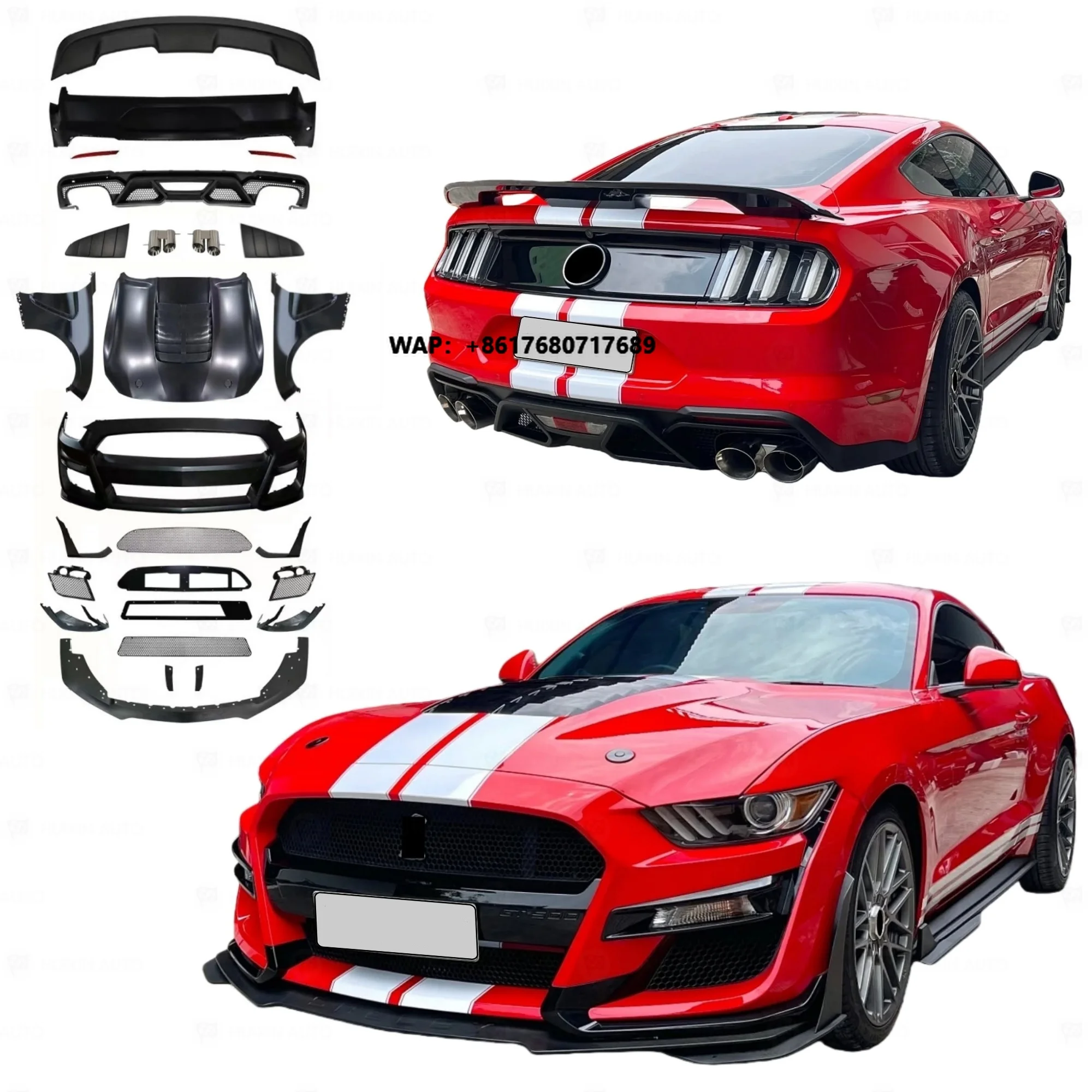 Body Kits Car Bumpers for Mustang 2015-2017 Upgrade Shelby GT500 Look Include Hood Fender Bumpers Rear Diffuser Tail Pipes