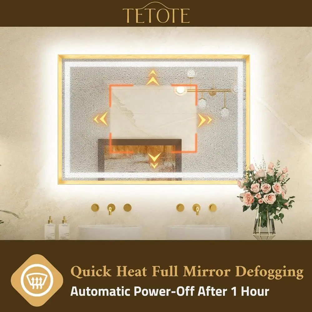 مرآة زينة LED مقاس 20 × 28 بوصة مع إطار ذهبي مصقول، إضاءة أمامية وخلفية، مضادة للضباب، قابلة للتعتيم بدون خطوات، 3 درجات حرارة ألوان #4