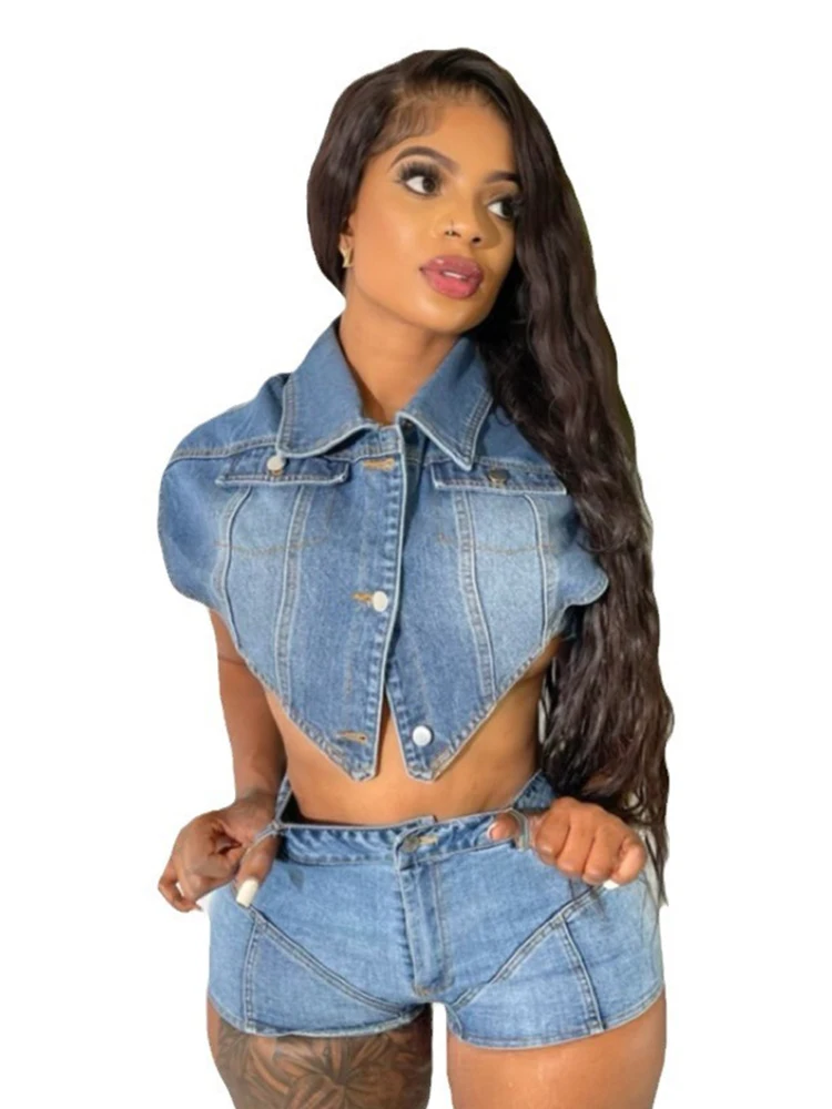 Stretchy Denim Suit Set Women Tight Summer Clothes Set Shorts and Blouse Woman 2piece Sexy Outfit Wholesale Dropshipping