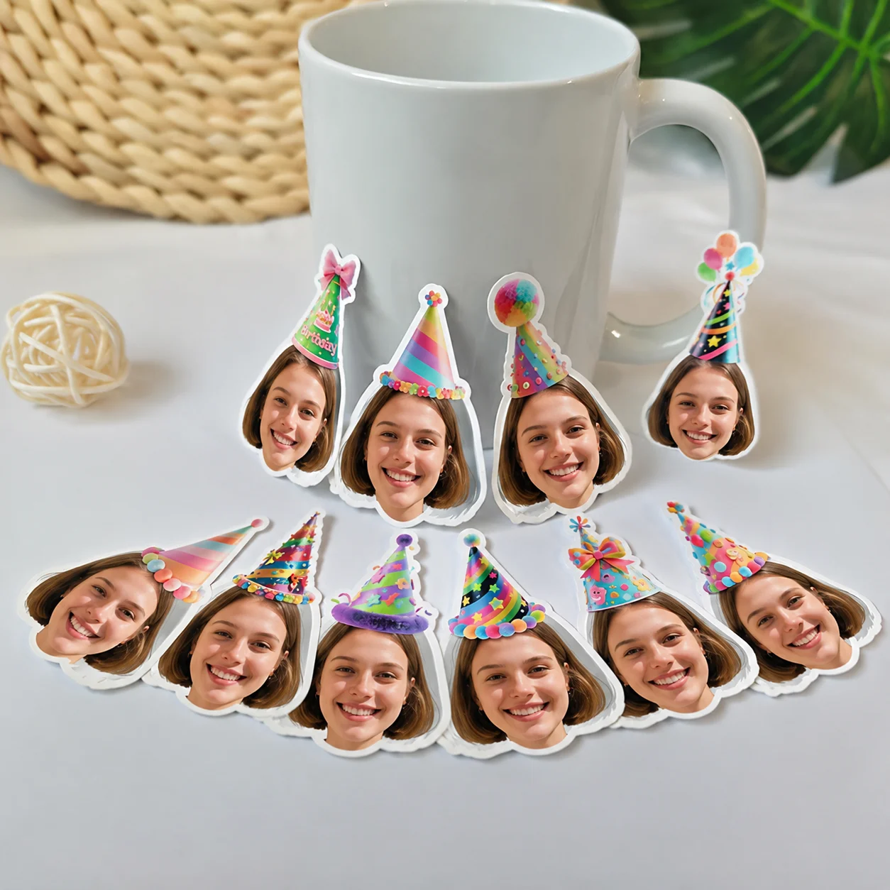 Custom Face Birthday Stickers, Personalized Photo Labels with Colorful Party Hats for Birthday Gifts, Party Favors & Decorations