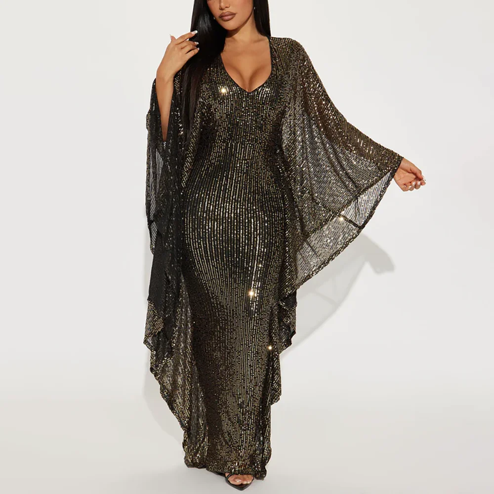 

New Style Long Sleeves Women Party Wedding Sequined Neck Ankara Dashiki Robe Sparkle Clothing Floor Length Dress