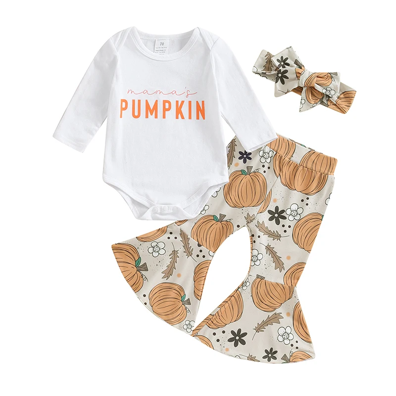 

Baby Girls Halloween Pants Sets White Long Sleeve Letter Print Romper Pumpkin Print Pants Headband Sets