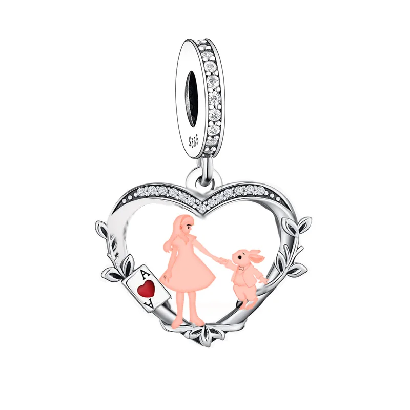 

Fit Original Pandora Charm Bracelet 925 Silver Girl and Bunny Poker Heart Bead For Making Women Berloque DIY