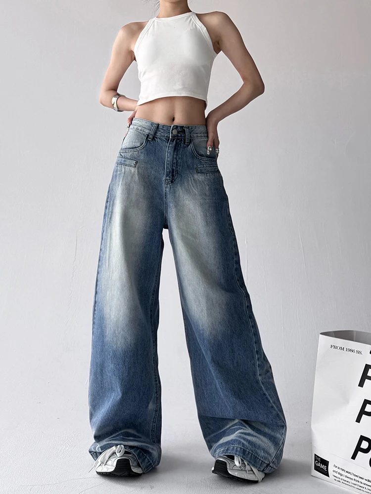 الرجعية الأمريكية الساخنة فتاة الدينيم الجينز المرأة خريف جديد الهيب هوب فضفاض Waed الأزرق عالية الخصر بنطال ذو قصة أرجل واسعة تأثير التخسيس