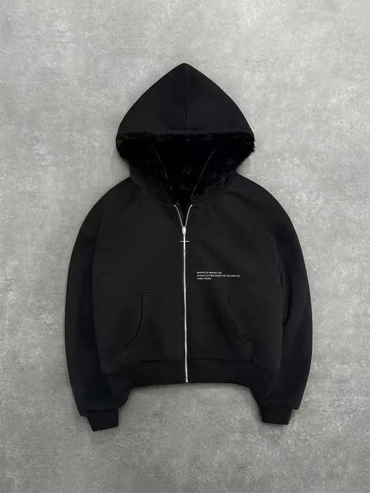 

2026 new solid color black hooded zipper sweater unisex autumn and winter trend ins style double-sided wearable design