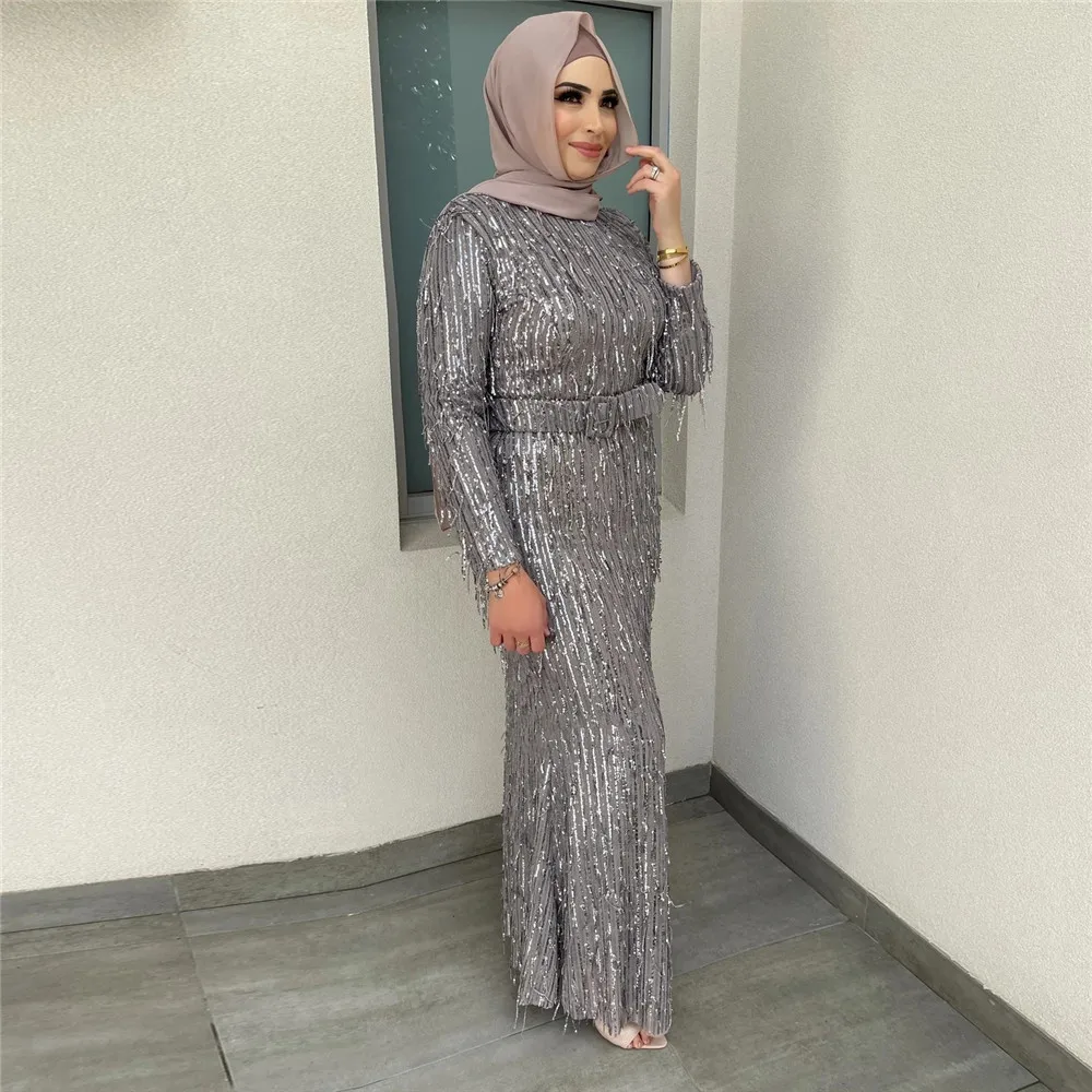 Modest Muslim Women Abaya Sequins Beads Bodycon Long Maxi Dress Turkey Arab Kaftan Islam Evening Party Gown Eid Jalabiya Vestido