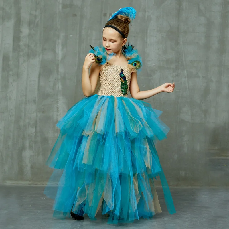 Princess Peacock Tail Costume For Girls Wedding Birthday Party Tutu Long Dress Kids Pageant Ball Gown Feathers Tulle Dresses