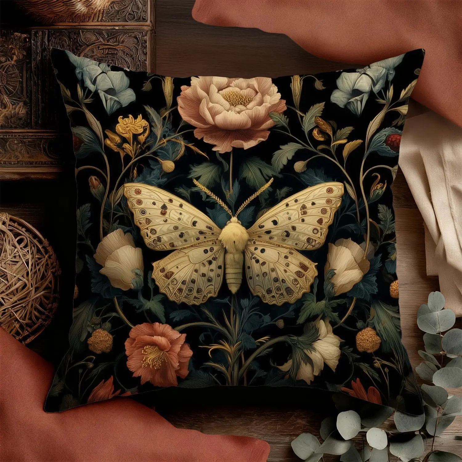 Luxury Botanical Moth Floral Pillowcase Throw Cushion Dark Background Victorian Gothic Art Home Decor autumn decoration