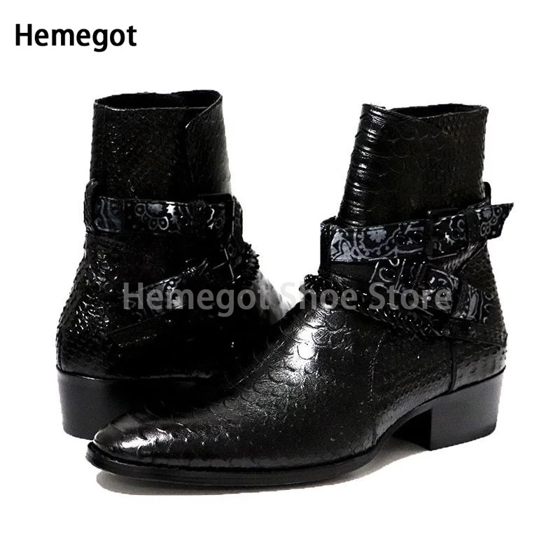 Snake Texture Chelsea Boots Men Luxury Designer Pointed Toe Metal Chain Cross Strap Men Black Ankle Booties Botas Men Shoes