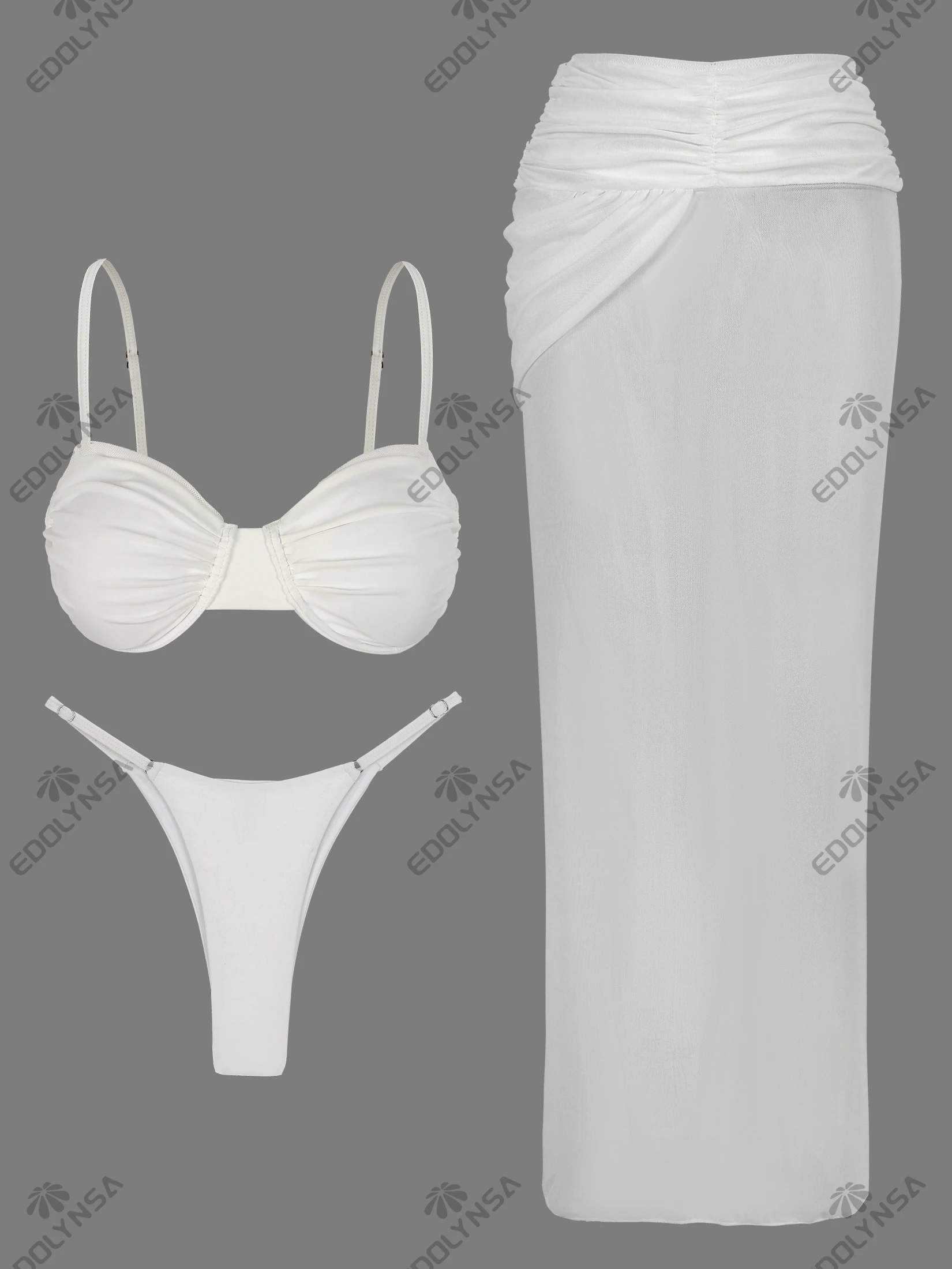 Conjunto de Bikini blanco elegante de 3 piezas para mujer, Top de Bikini fruncido con cuello Halter Sexy, falda transparente con abertura larga, ropa de playa K247