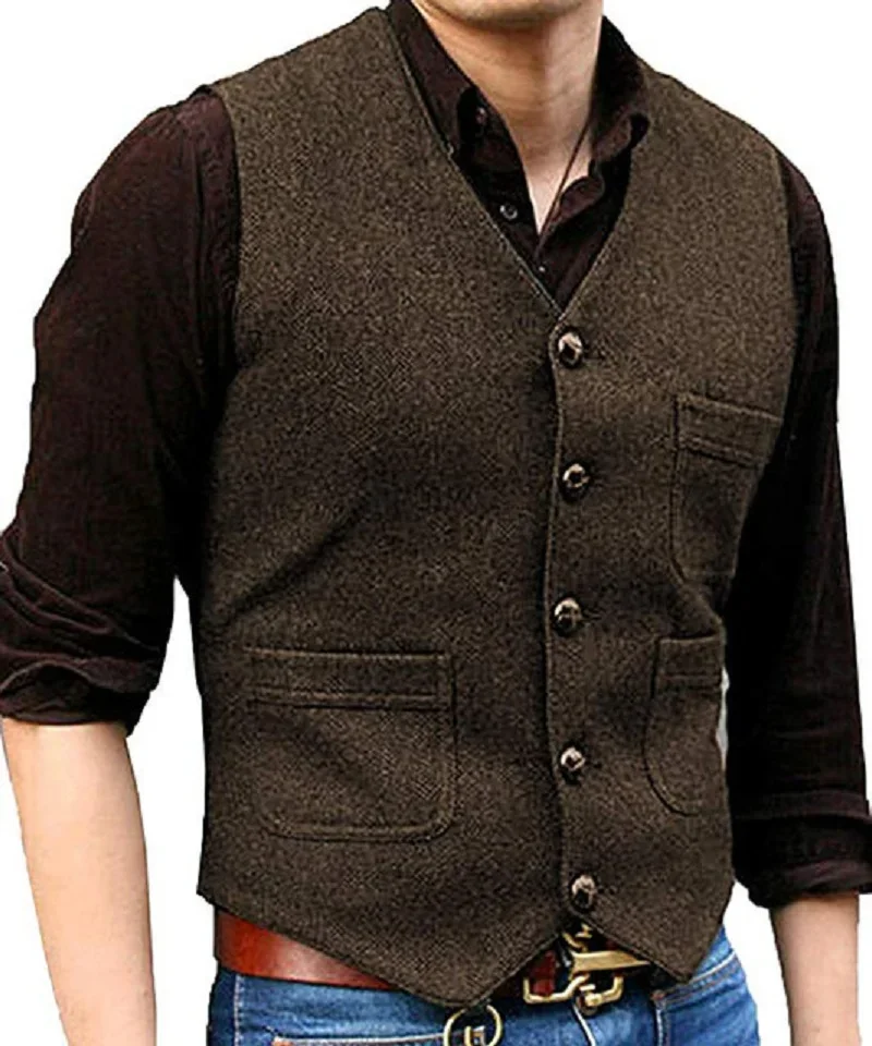 

Men's Suit Formal V Neck Wool Herringbone Tweed Casual Waistcoat Formal Business Vest Groom man For Wedding Green/Black/Brown