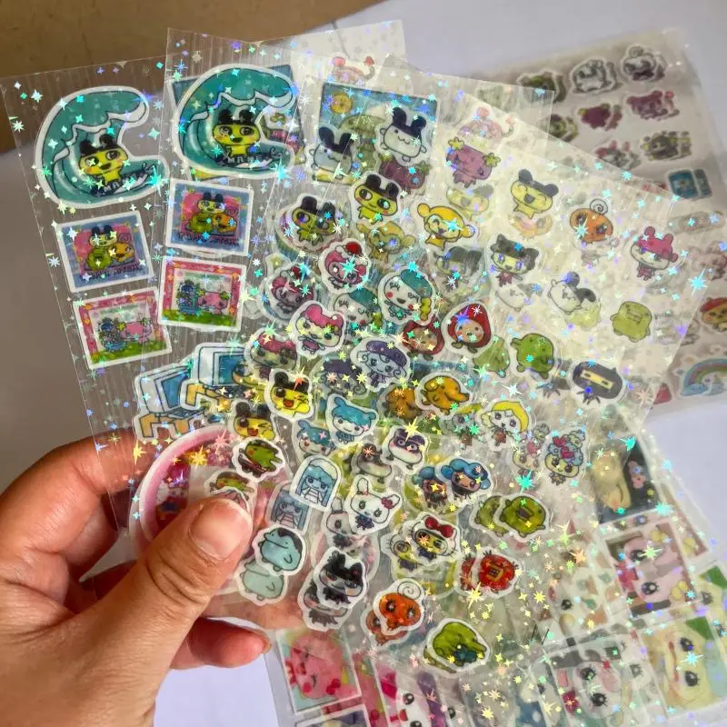 

10Pcs Tamagotchi Mametchi Lovelitchi Transparent Laser Sparkling Stickers Girl Diary Handbook Decorative Source Material Sticker