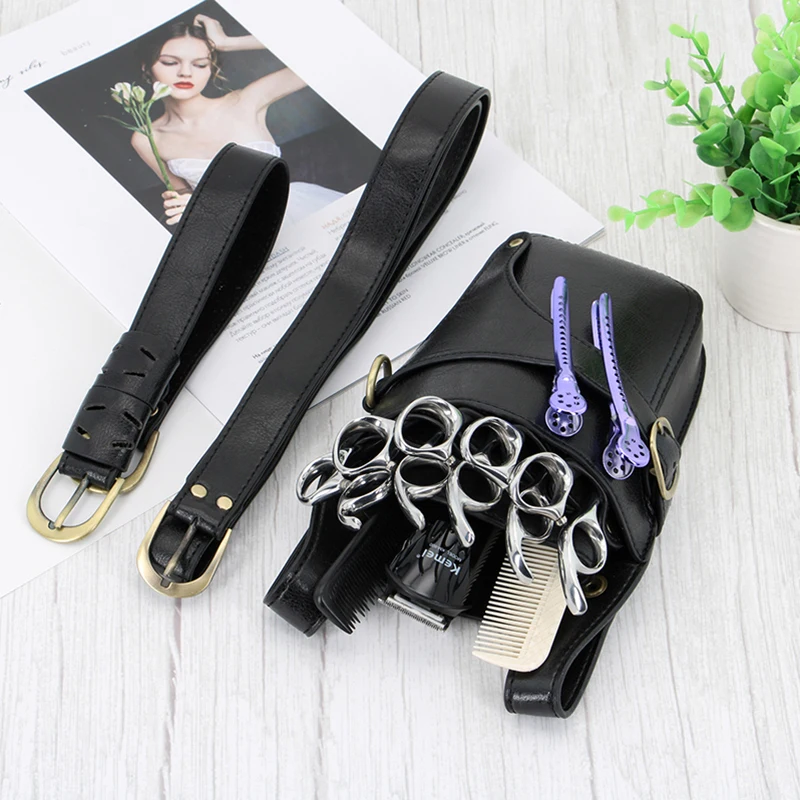 Hair Scissor Holster Pouch with Waist Shoulder Belt for Hairdressers Barber PU Leather Shears Hairdressing Tool Bag