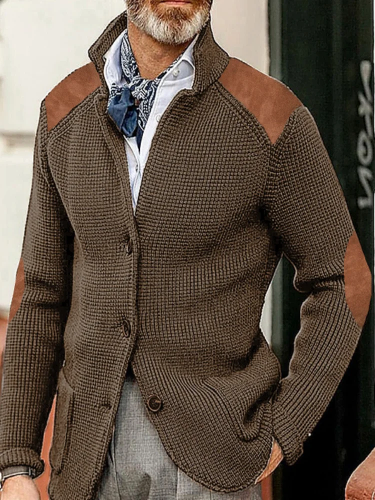 Mens Slim Fit Retro Stand Collar Cardigan Grey Brown Splice Elegant Casual Outwear