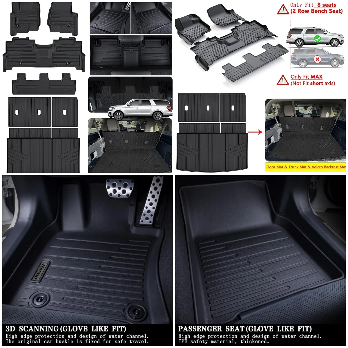 

Коврики для Ford Expedition MAX 8 мест 2018-2024 гг. — всепогодные 3-рядные автомобильные напольные коврики TPE с ковриком в багажник