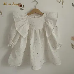 Baby Girl Princess Bling Star Cotton Ruffle Dress Long Flared Sleeve Spring Autumn Infant Toddler  Vestido Baby Clothes 1-5Y