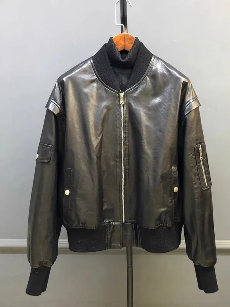 Herbst Neue Frauen Winddicht Motor Biker Echt Schaffell Jacke Stehkragen Lose Fit Zipper Bomber Mantel Echtes Leder Jacke