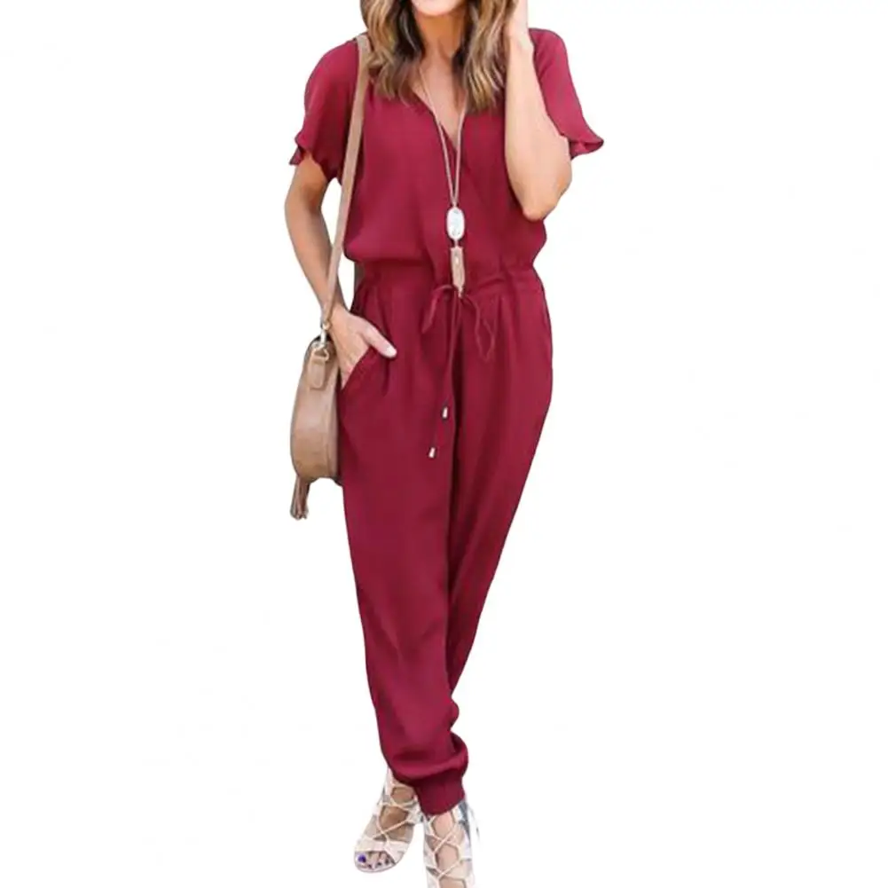 Stilvoller Overall knöchel langer Sommer-Stram pler einfache elastische Taille kurze Ärmel Sommer overall elegant