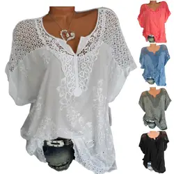 2021 Summer Short Sleeve Womens Blouses And Tops Loose White Lace Patchwork Shirt Big Size 4xl 5xl 6XLWomen Tops Casual Clothes