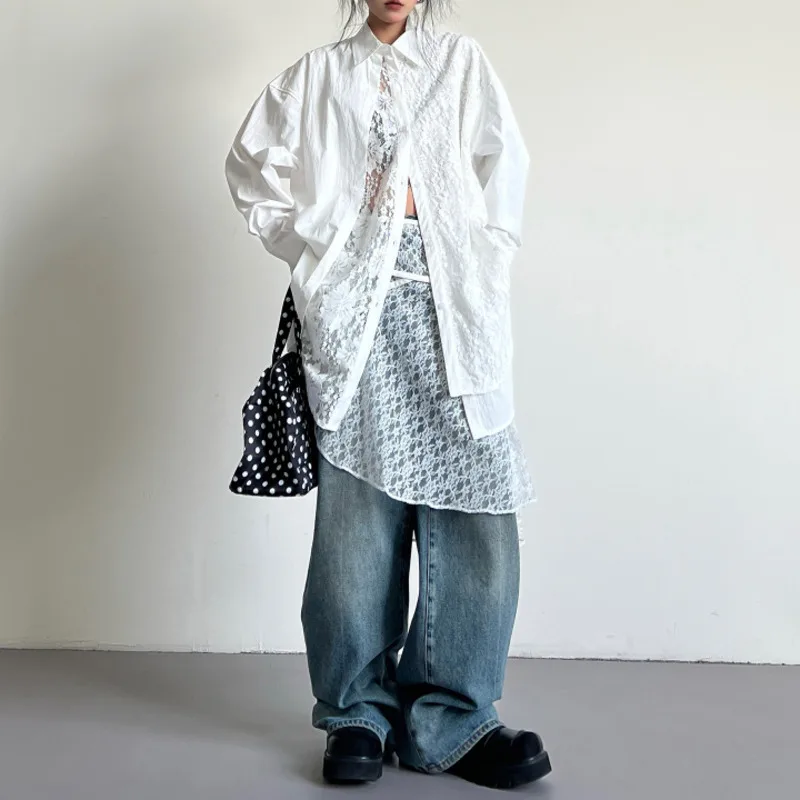 BJTZ Weiße Spitze Patchwork Gefälschte Zwei-stück Langarm Shirt Für Frauen Frühling Sommer 2025, Neue Designer Schwere Industrie lose Top