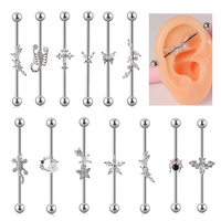 1PC Surgical Steel 14G Bat Butterfly Industrial Barbell Cz Animal Long Auricular Bridge Earring Cartilage Piercing Body Jewelry
