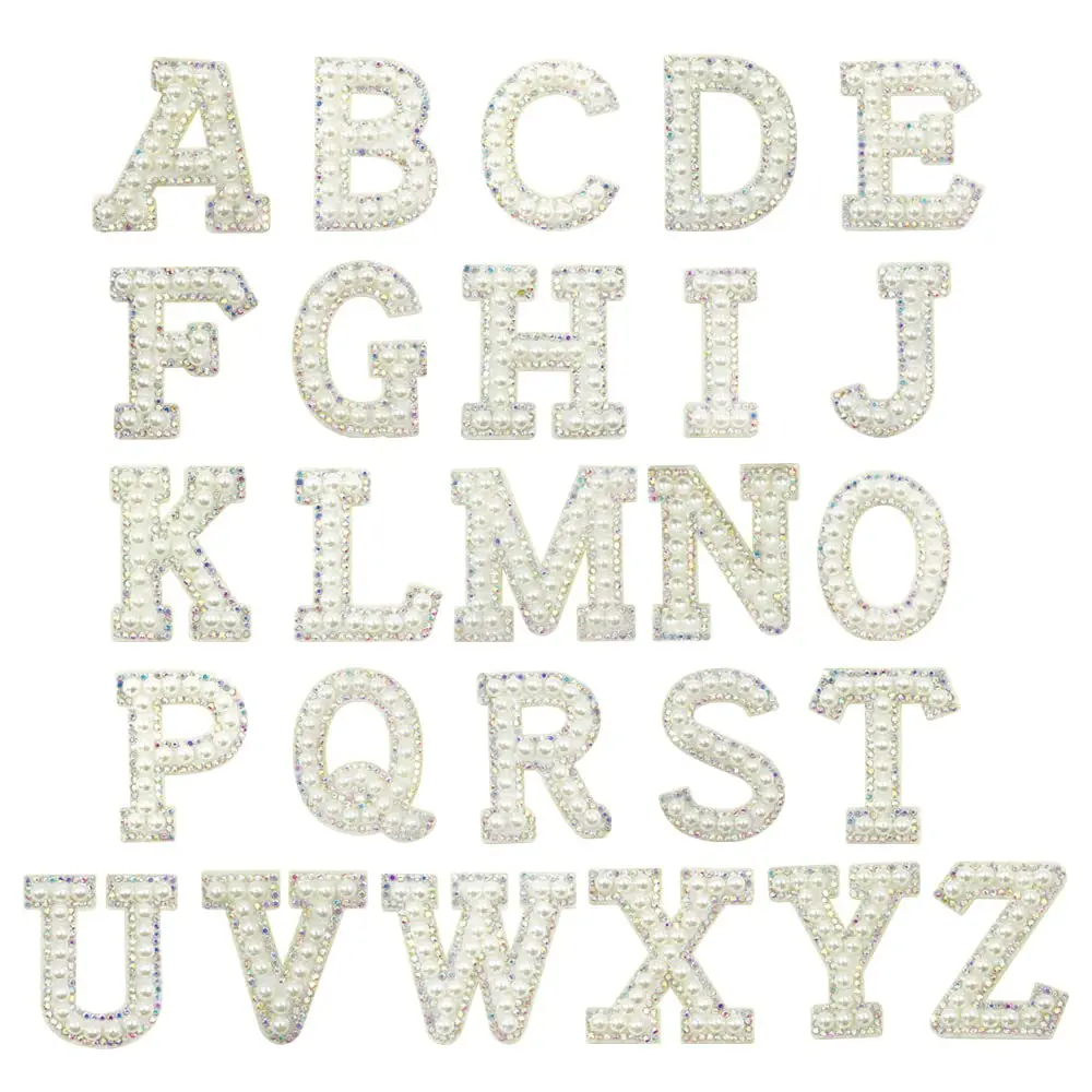 

52Pcs Pearls Iron on Letter Patches A-Z, Embroidered Pearls Rhinestone English Letters, Iron Adhesive or Sew On Appliques for
