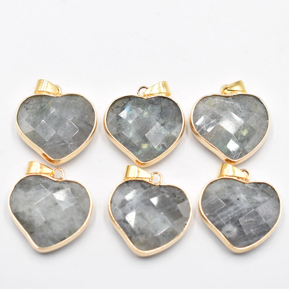 wholesale 6pcs/lot  good quality  natural stone mixed gold color side heart pendants 25mm for jewelry making free shipping