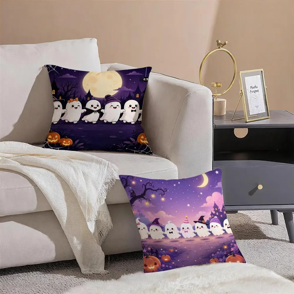 Halloween Ghost Parade Cushion Cover Throw Pillow Cover Hidden Button Durable Polyester Chair Cushion