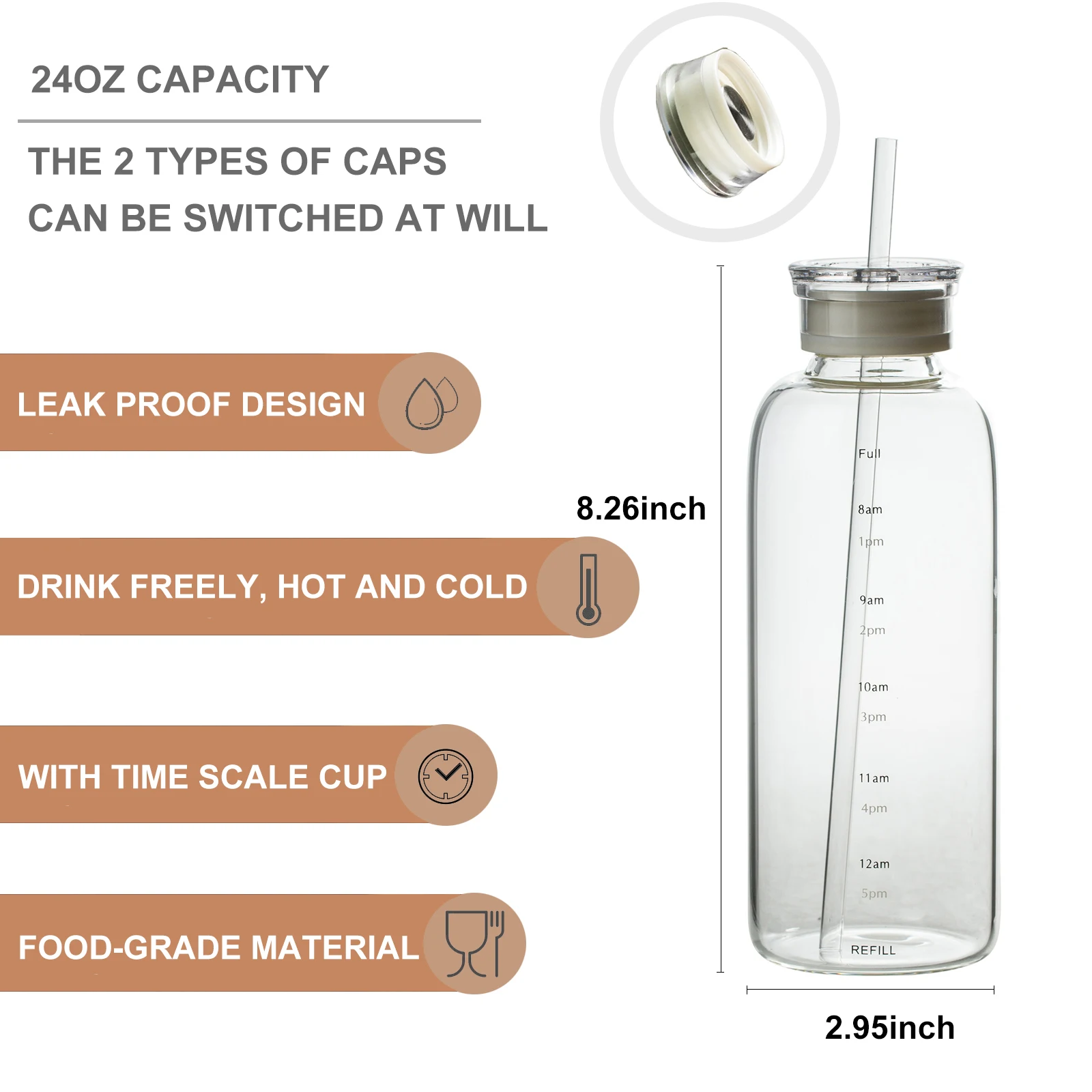 700ml Large Capacity Glass Water Bottle With Time Marker Cover For Water Drink Transparent Milk Juice Simple Cup Birthday Gift