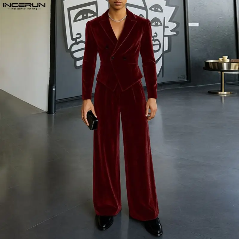 INCERUN-Conjuntos para hombre, chaqueta y pantalones de manga larga con solapa de terciopelo de Color sólido, conjuntos de dos piezas, ropa de calle, trajes informales elegantes a la moda para hombre