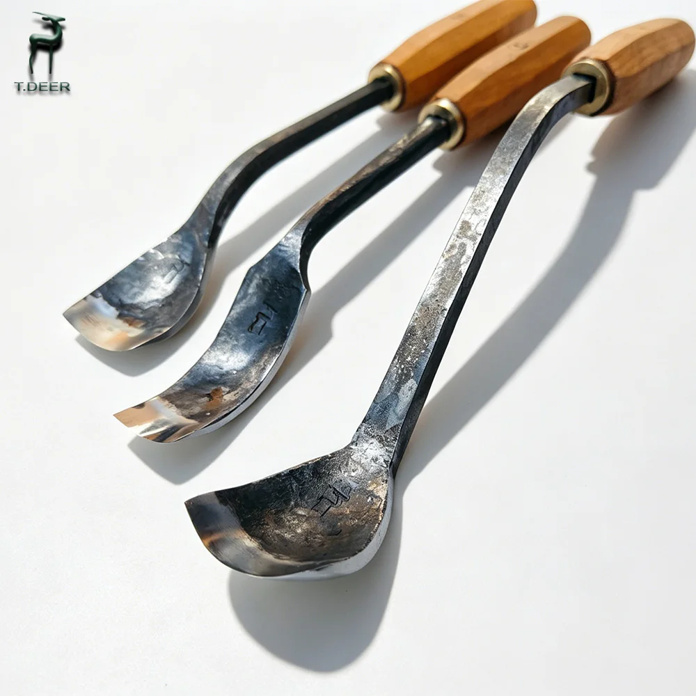 

T.DEER Woodworking Spoon Gouge, Carving Knife, Spoon Hollowing Knife, Contour Trimming Knife, Curved Mouth Chisel, Black Forged