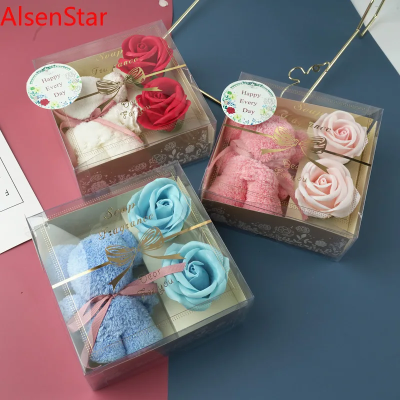 

Coral Fleece Bear Towel Set with Transparent Gift Box, Bathroom Towels, Soap Flower, Business Holiday, Christmas, Wedding Gifts
