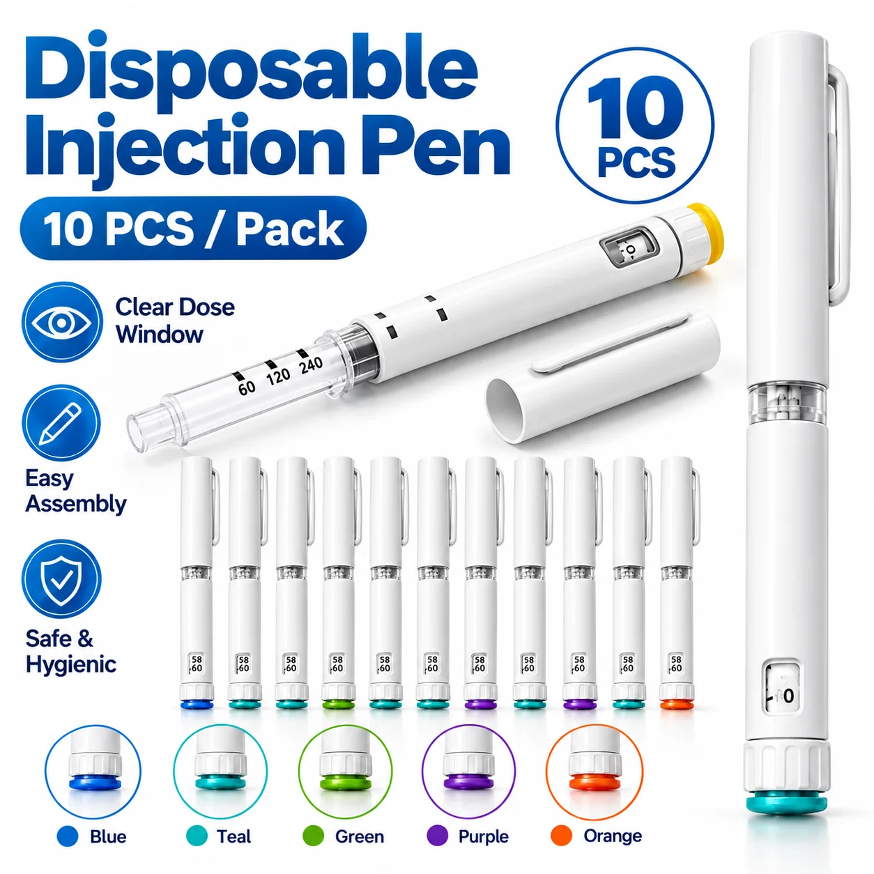 10PCS Magic Pen Disposable Sterile Injection Pens Rotary and Push Type with Adjustable Growth Hormone Dosage 60IU Home Use