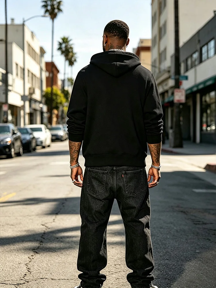 Men's Full Zip Hoodie Black Oversized Hooded Sweatshirt Polyester Lightweight Casual Streetwear Signature Graphic Tee-T101