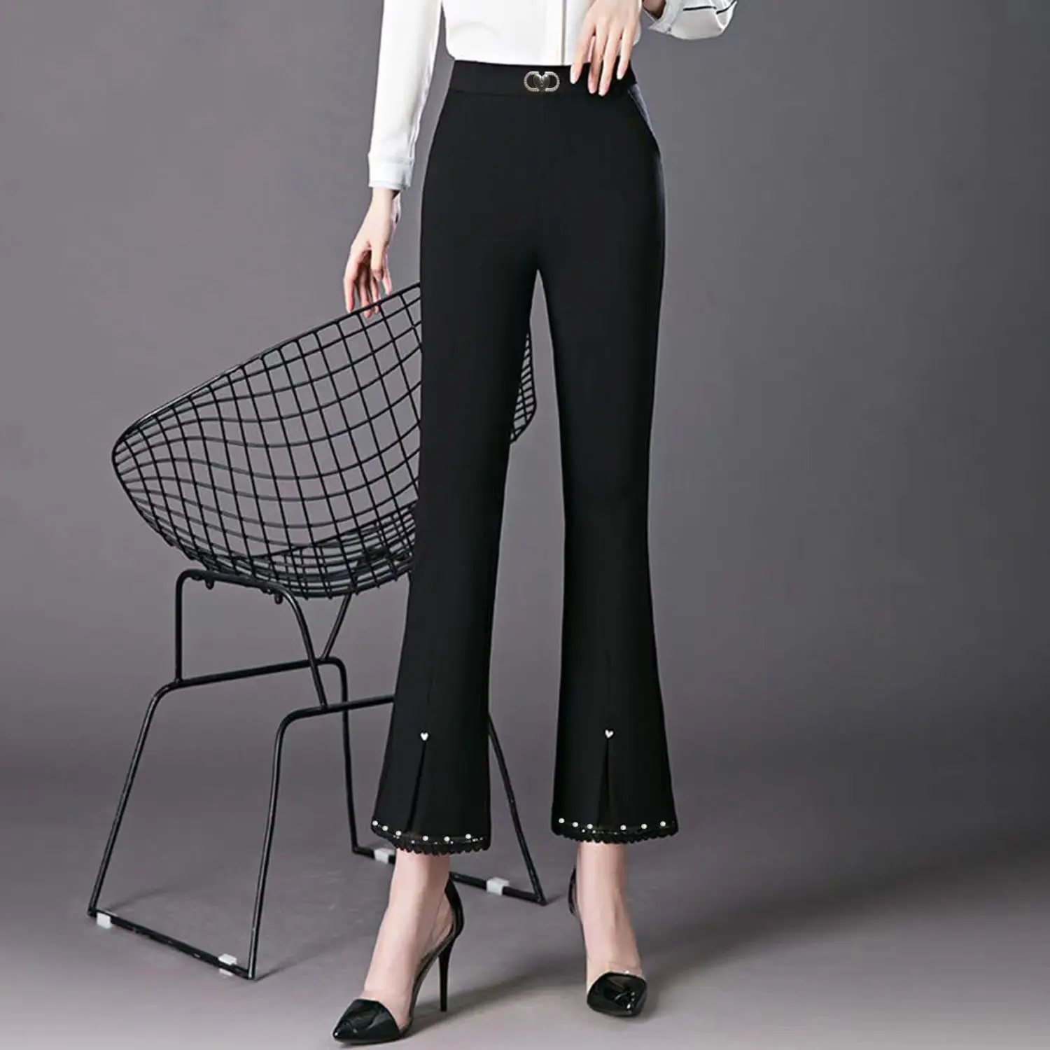 Spring Summer 2024 New High Waist Slim Flare Ladies Fashion Patchwork Net Yarn Elastic Waist Casual Pants Women Clothes Trousers