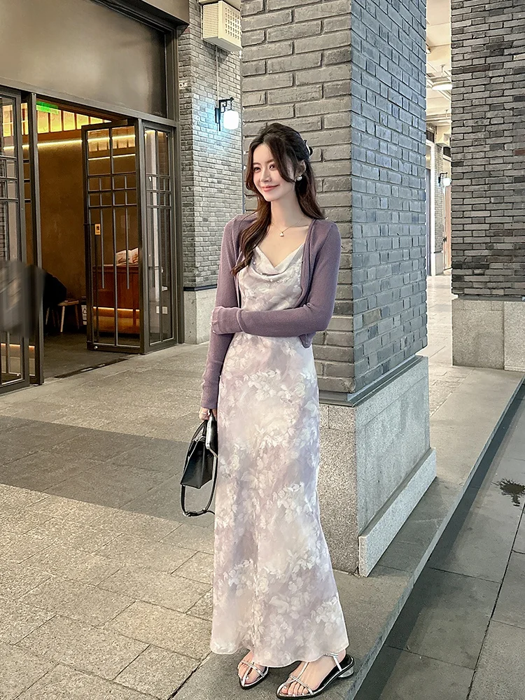 

Ele фиолетовый комплект ter Dr с цветочным принтом, женский комплект лета 202, новый высококачественный открытый кардиган, длинный комплект из двух предметов Dr