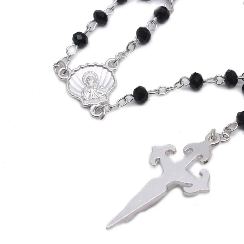 Metal Shell Cross Pendant Black Crystal Santiago Necklace Long Rosary For Men Women