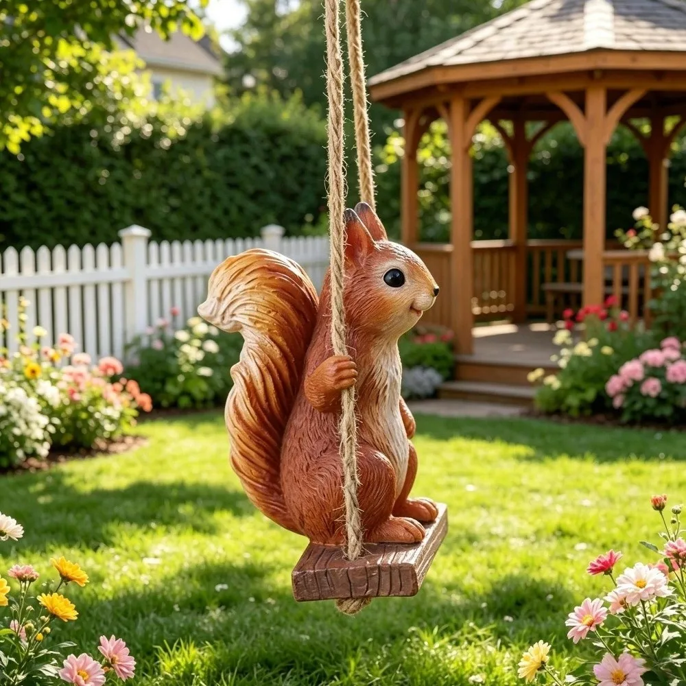 Ornament Lifelike Swinging Squirrel Statue Resin Weatherproof Squirrel on Swing Hanging Handicraft Garden Decoration Landscape