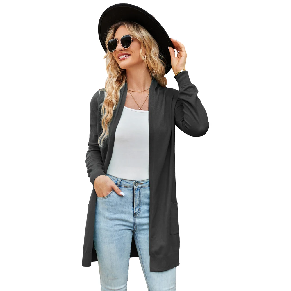 GK Women Jackets Coats Mid-Thigh Knitwear Cardigan Sweater With Pockets Long Sleeve Open Front High Stretch Soft Knitting Coat
