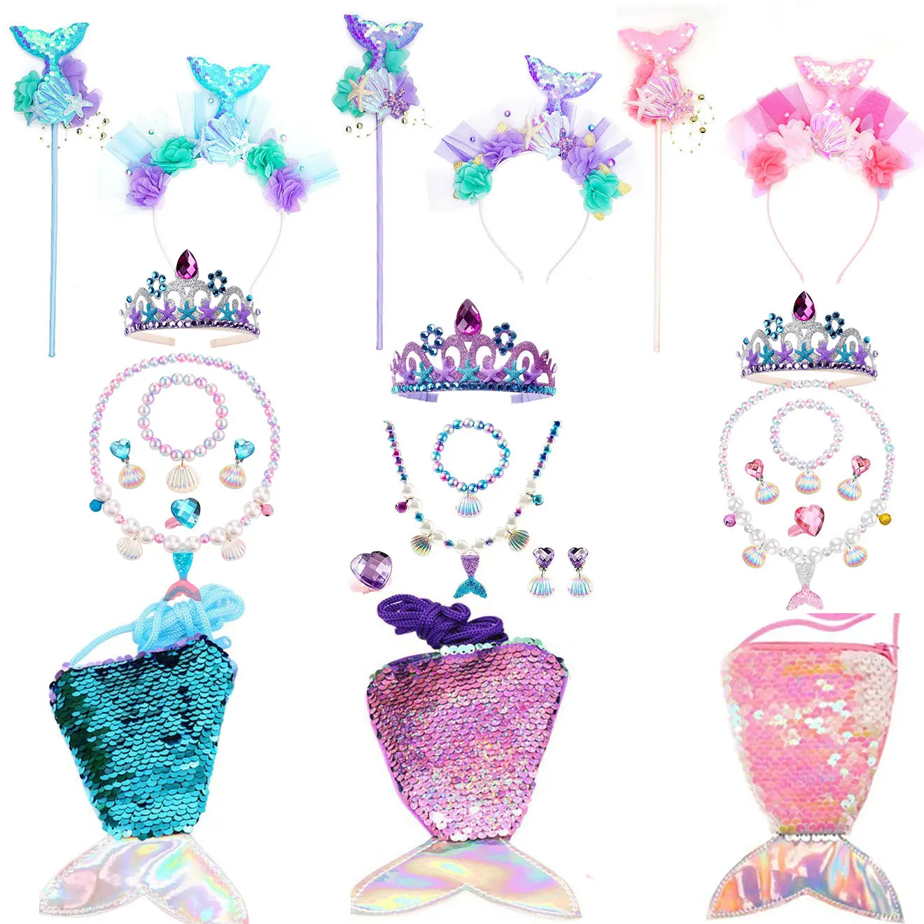 Girl Fancy Little Mermaid Photography Props Mermaid Tail Headband Magic Wand Princess Ariel Cosplay Accessory Necklace Bag Crwon