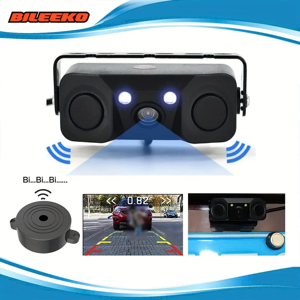 3-in-1 Car Rear View Backup Camera with Reversing Parking Sensor, License Plate Lights, Distance Control, Alarm, Buzzer