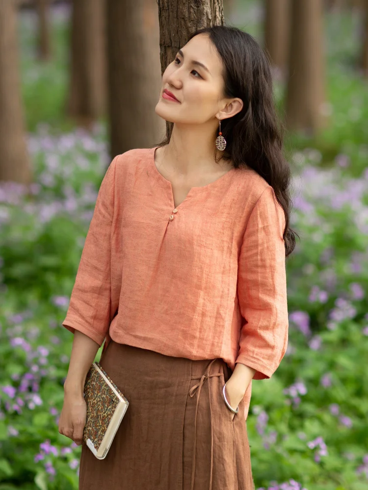 

Orange Soda H440 Linen Mist Orange Простая художественная маленькая футболка цвета тканого льна Летняя поездка на работу Круглая футболка Ne...